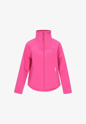 Fényes rózsaszín dzseki magas gallérral és cipzáros elejével. Két oldalsó zsebe van, valamint egy kis logóval a mellkasán.