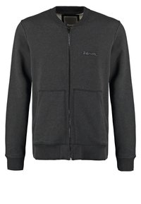 Veste zippée gris foncé avec poignets et ourlet côtelés, deux poches avant, et logo "Bench." sur la poitrine gauche.