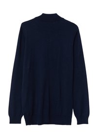Maglione blu navy con maniche lunghe, colletto e polsini a costine. Tessuto lavorato a maglia con un design semplice, senza motivi o decorazioni.