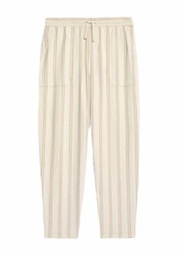 Pantalons rayés beiges en tissu léger, dotés d'une taille élastique avec cordon de serrage et de deux poches latérales.