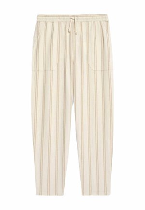 Pantaloni beige a righe realizzati in tessuto leggero, con vita elasticizzata e cordoncino, e due tasche laterali.