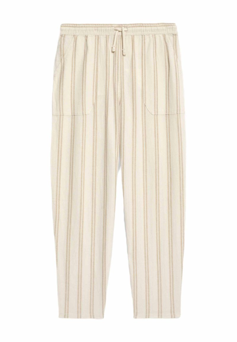 Pantalons rayés beiges en tissu léger, dotés d'une taille élastique avec cordon de serrage et de deux poches latérales.