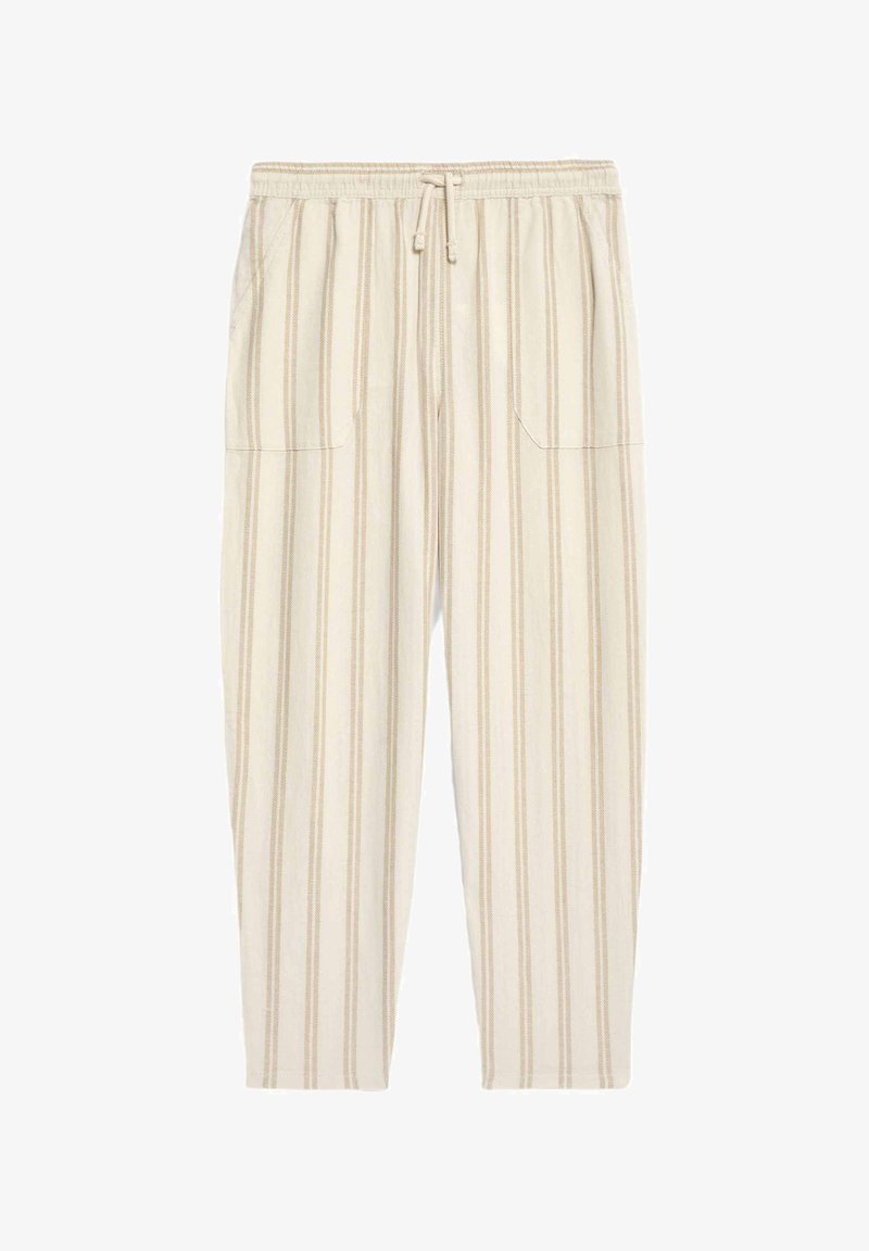 Beige gestreifte Hose aus leichtem Stoff, mit einem elastischen Bund und Kordelzug sowie zwei seitlichen Taschen.