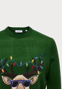 Groene gebreide trui met een geborduurde rendier in een zonnebril, versierd met kleurrijke kerstlichtjes in een speelse vormgeving.