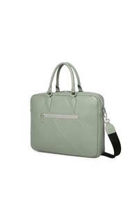Grüne Leder-Laptoptasche mit diagonal gestepptem Muster, vorderer Reißverschlussaus Tasche, doppelten Griffen und abnehmbarem Schultergurt. Silberne Hardware-Akzente.