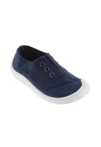 Scarpa slip-on in tela blu navy con suola in gomma bianca, caratterizzata da due occhielli metallici e un design della punta arrotondata per un look casual.