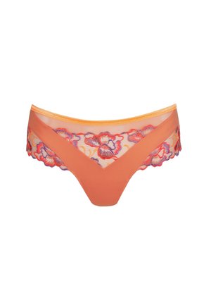 Oranje damesveterslip met bloemenborduurwerk en mesh details op een witte achtergrond.