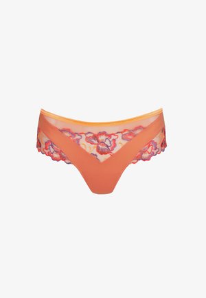Oranje damesveterslip met bloemenborduurwerk en mesh details op een witte achtergrond.