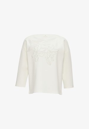 White pullover with three-quarter sleeves, featuring an embroidered floral design on the front. Soft material and loose-fit shape.