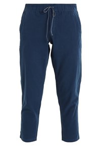 Pantalon décontracté bleu marine avec taille élastique et cordon de serrage, coupe jambe droite, poches avant, sans logos ni motifs visibles.