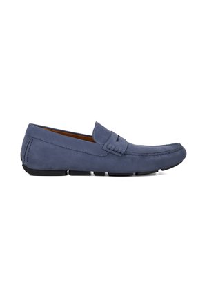 Blue suede loafers with a rounded toe, featuring decorative stitching and a small leather accent across the front. Rubber sole for grip.