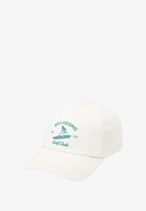 White corduroy baseball cap featuring turquoise embroidered logo and graphic of a surfer, with a curved brim and adjustable back strap.