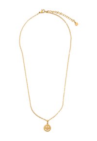 Złoty naszyjnik łańcuchowy z okrągłą zawieszką przedstawiającą uśmiechniętą twarz. Zawieszka z teksturowanym wykończeniem, regulowana długość dla dopasowania.