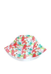 Bucket hat made of fabric featuring a colorful print of cartoon fruits and animals in red, green, and blue, with a wide brim.