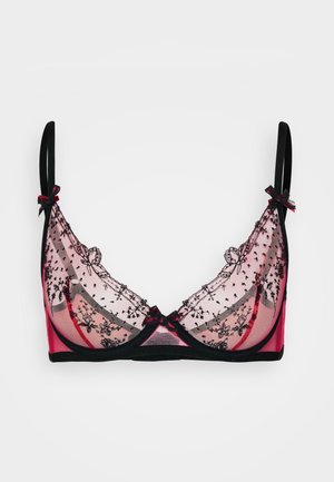 Bralett lacy burgundy dan hitam dengan kawat di bawah yang menampilkan cangkir jala transparan yang dihiasi bordir bunga, tali yang dapat disesuaikan, dan pita satin kecil.