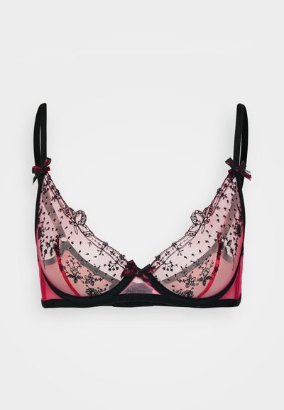 Lacy burgundy and black underwire bra featuring sheer mesh cups adorned with floral embroidery, adjustable straps, and small satin bows.