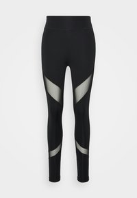 Svarta leggings med genomskinliga nätpaneler, med en åtsittande design, elastisk midja och kontrasterande triangulära sidodetaljer.