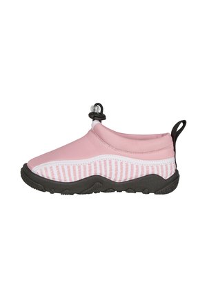 Pink and white water shoe with black textured sole, adjustable toggle at ankle, and black heel pull tab.