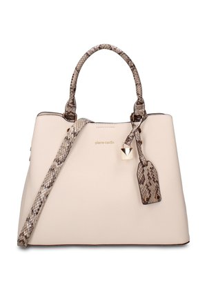 Beige handtas met handvatten en riem met slangenhuidpatroon, voorzien van een gouden slotbedel en het "pierre cardin" logo aan de voorkant.
