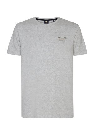 Gray short-sleeve t-shirt made of soft cotton blend, featuring a round neck and a small logo on the left chest area. Simple design.
