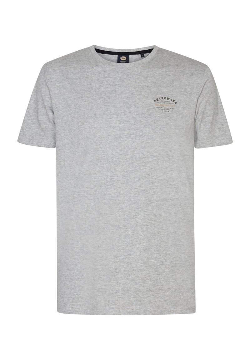 Camiseta gris de manga corta hecha de una suave mezcla de algodón, con cuello redondo y un pequeño logotipo en la parte izquierda del pecho. Diseño sencillo.