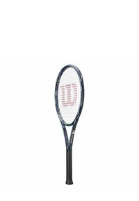 Tennisklubba med en marinblå ram, vita strängar och röd logotyp. Har ett texturerat svart grepp och en lång, oval huvudform.