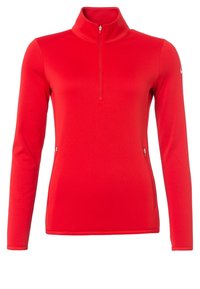 Suéter rojo de manga larga con un collar de media cremallera, fabricado en una tela suave y elástica; cuenta con bolsillos laterales con cremallera y un pequeño logo en la manga.
