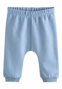 Svetlomodré mäkké detské nohavice z látky s elastickým pásom a rebrovanými manžetami, navrhnuté pre pohodlie a ľahkosť pohybu.