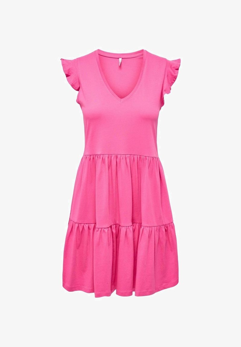 Robe en coton rose avec un col en V, des manches courtes à volants et une jupe à étages. Texture lisse, longueur aux genoux, style décontracté.