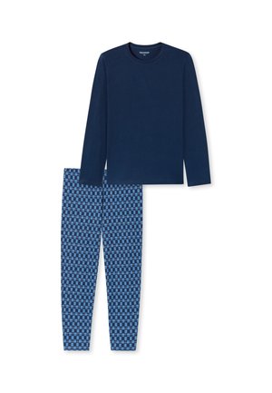 Marineblaues Langarmshirt kombiniert mit gemusterten blauen Leggings im Schachbrettdesign, gefertigt aus leichtem, atmungsaktivem Stoff.