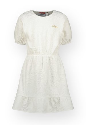 Weißes Kleid mit Puffärmel, strukturiertem Blumenmuster, geraffter Taille und ausgestellt Saum. Mit einem kleinen goldenen Logo auf der Vorderseite.