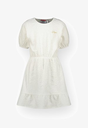 Weißes Kleid mit Puffärmel, strukturiertem Blumenmuster, geraffter Taille und ausgestellt Saum. Mit einem kleinen goldenen Logo auf der Vorderseite.