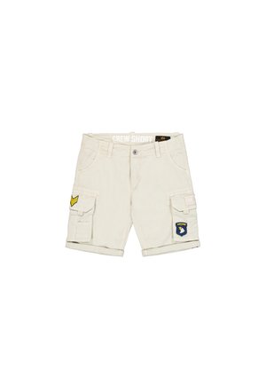 Beige cargoshorts met opgerolde zomen, twee zijzakken en geborduurde patches aan de voorkant. Gemaakt van duurzaam katoenen stof.