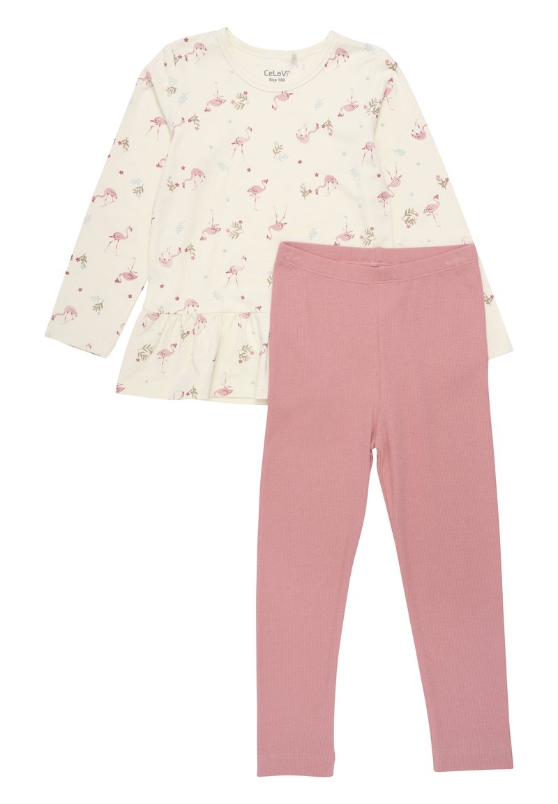 Light cream top with pink flamingo print and peplum hem, paired with solid pink leggings. Both made from soft, comfortable fabric.