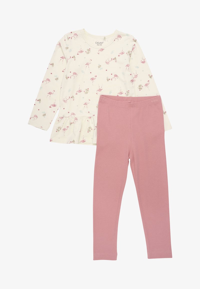 Light cream top with pink flamingo print and peplum hem, paired with solid pink leggings. Both made from soft, comfortable fabric.