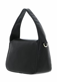 Sac à main en cuir noir à texture lisse, forme semi-structurée, large bandoulière et un anneau doré en accent sur le côté.