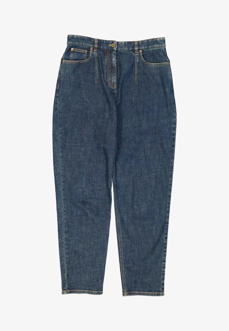 Jean en denim bleu avec une taille haute, fermeture avant par boutons et fermeture éclair, cinq poches et jambes droites, présenté à plat sur un fond blanc.