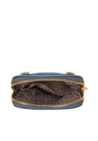 Blue zippered bag with a textured exterior and gold hardware. Inside features a logo-patterned lining and two compartments.