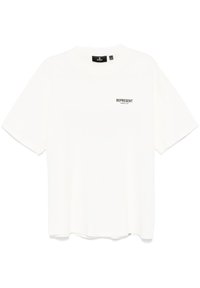 Camiseta blanca de manga corta hecha de algodón, con un corte holgado, escote redondo y un pequeño logo negro "REPRESENT" impreso en el pecho.