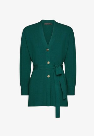 Cardigan vert à manches longues, décolleté en V et ceinture nouée. Présente des boutons en ton doré et un tissu doux et texturé.