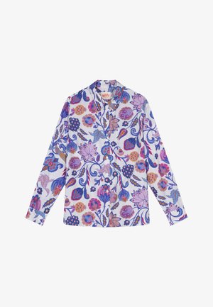 Langarmshirt gemaakt van zachte stof, met een bloemenpatroon in tinten paars, roze en blauw tegen een witte achtergrond.