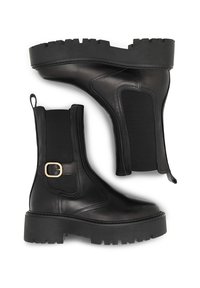Czarne skórzane botki za kostkę z elastycznymi panelami po bokach, masywnymi, profilowanymi podeszwami oraz złotym klamrą na zewnętrznej stronie. Gładka faktura.