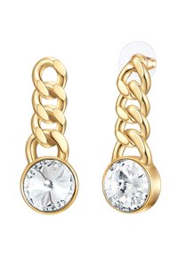 Guld kedjeörhängen med en rund, klar kristall vid basen. Slät textur med en polerad yta. Klar bakstift.