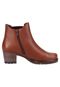Bottine en cuir marron avec fermeture éclair latérale, talon bloc superposé et semelle en caoutchouc rainurée, vue du côté extérieur.