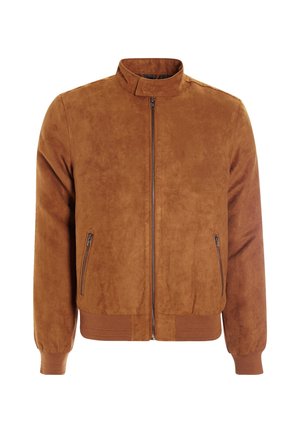 Ruskea mokkanahkainen pommijakki, jossa on etuvetoketju, vetoketjulliset sivutaskut, resorit hihansuissa ja helmassa sekä pystypystykaulus.