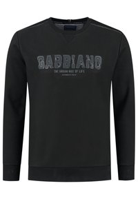 Sudadera negra con cuello redondo, mangas largas y un logotipo impreso en la parte delantera. Fabricada en un tejido suave y liso con puños acanalados.