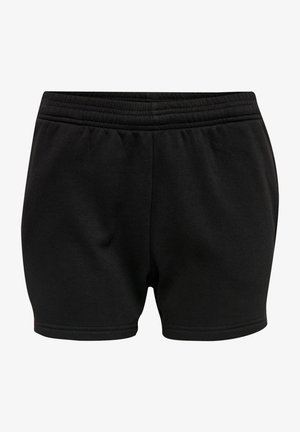 Zwarte sportshorts met een elastische tailleband, gemaakt van zachte stof. Kenmerkend door een eenvoudig ontwerp en een gladde textuur, zonder zichtbare accenten of patronen.