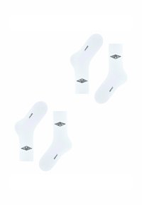 Weiße Baumwollsocken mit geripptem Design, schwarzen Logoakzenten und einem knöchellangen Schnitt mit elastischen Bändern um die Knöchel.