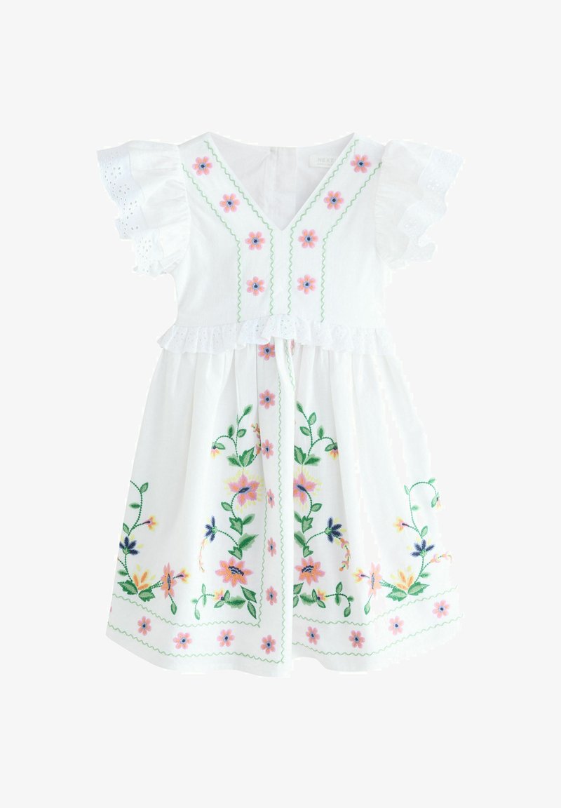 White toddler dress with ruffled sleeves and colorful floral embroidery on bodice and skirt, featuring green vine and pink flower patterns.