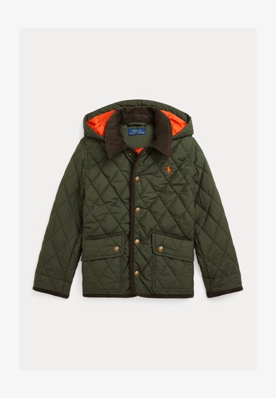 Tikkimine oliivrohelisest jakist pruunist kuldkreemist kraega, oranž vooder, esifunktsionaalsed nööbid, kaks klapiga taskut ja Polo Ralph Laureni logo rinnal.